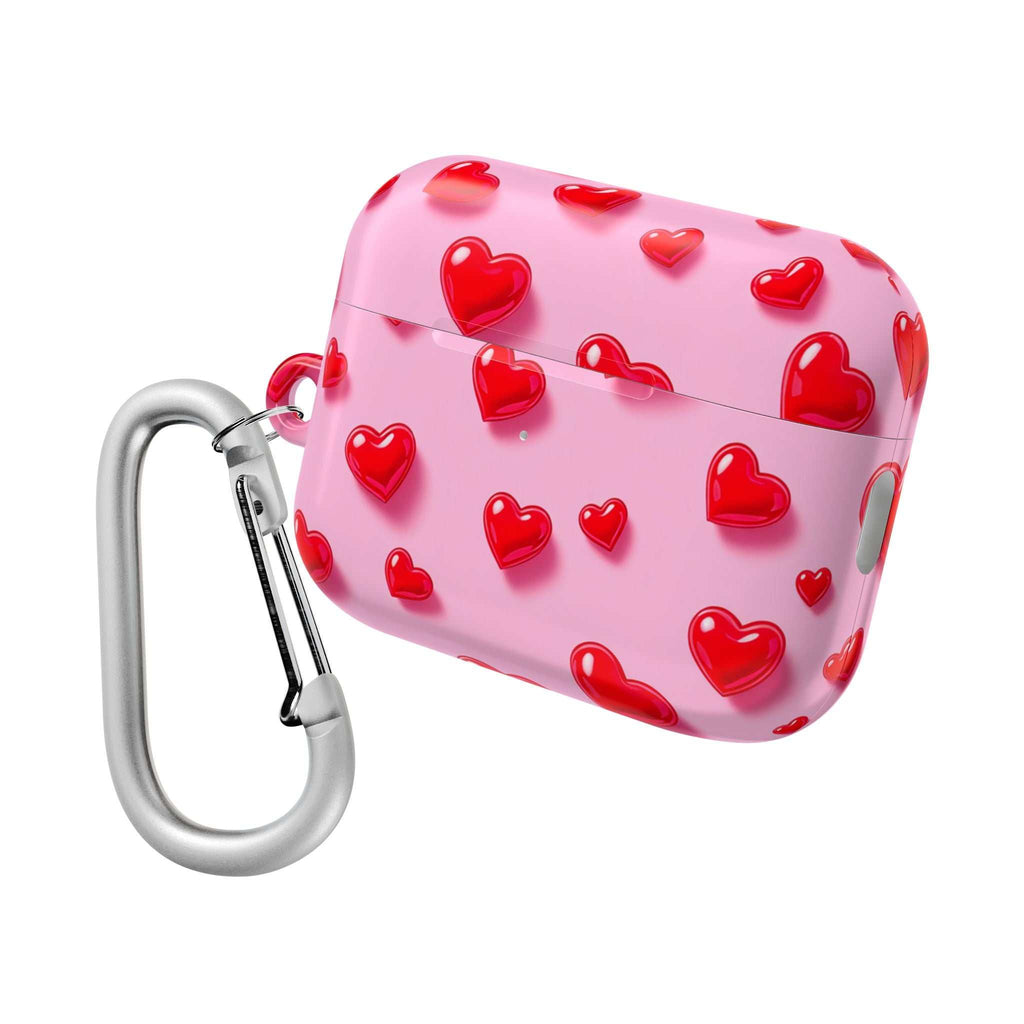 Pink Hearts AirPods protective hard shell case with red heart design and carabiner clip