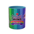 LGBTQ+ Pride Mug with vibrant rainbow design and "Love Wins" message.