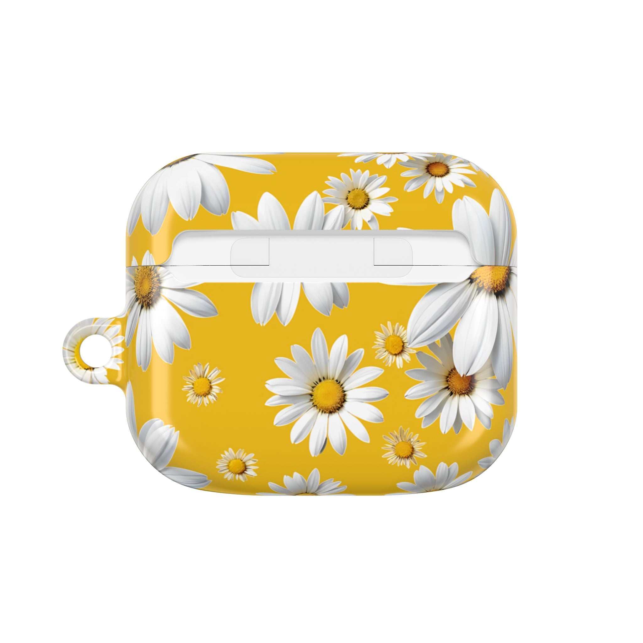 Yellow Daises AirPods Case with white daisy floral pattern on vibrant yellow hard shell protective cover