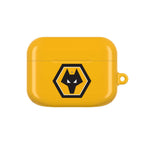 Wolves FC AirPods protective case in gold with wolf crest logo, shock-resistant and wireless charging compatible