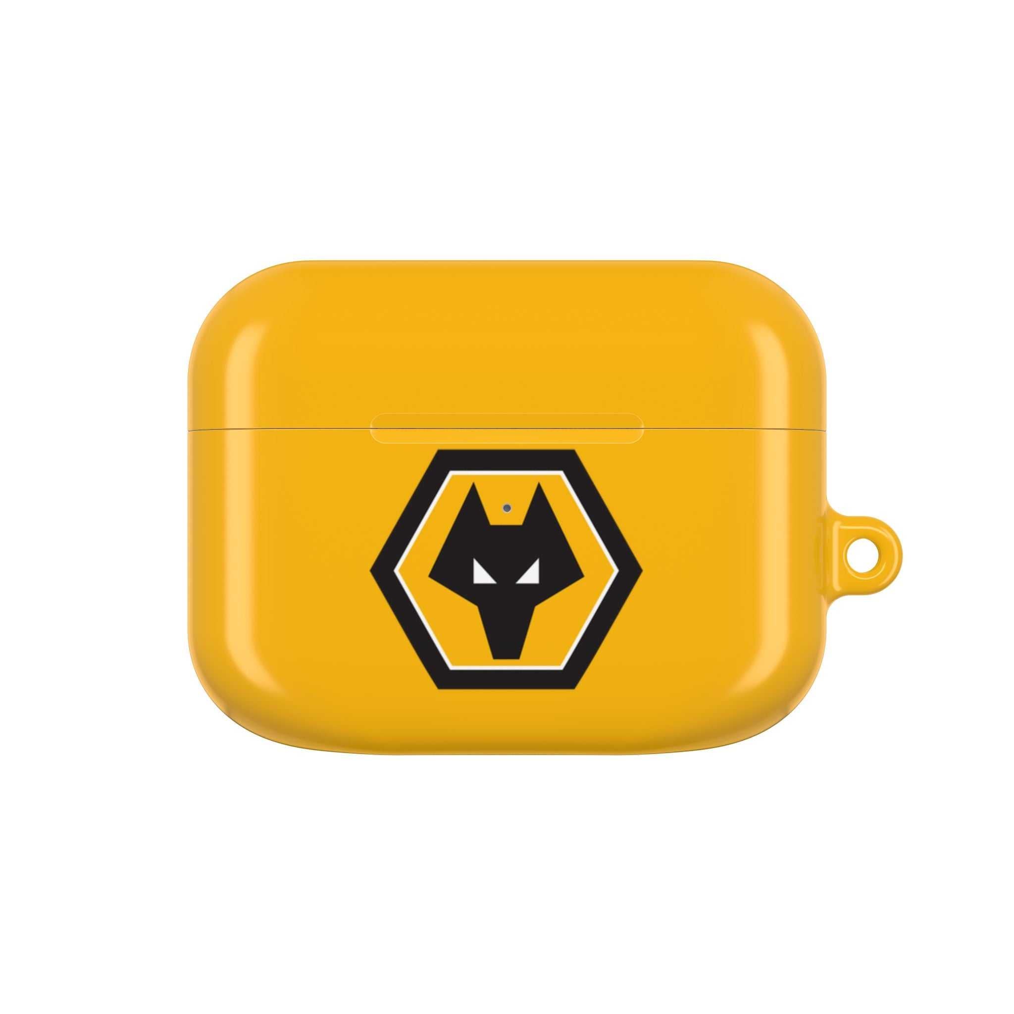 Wolves FC AirPods protective case in gold with wolf crest logo, shock-resistant and wireless charging compatible