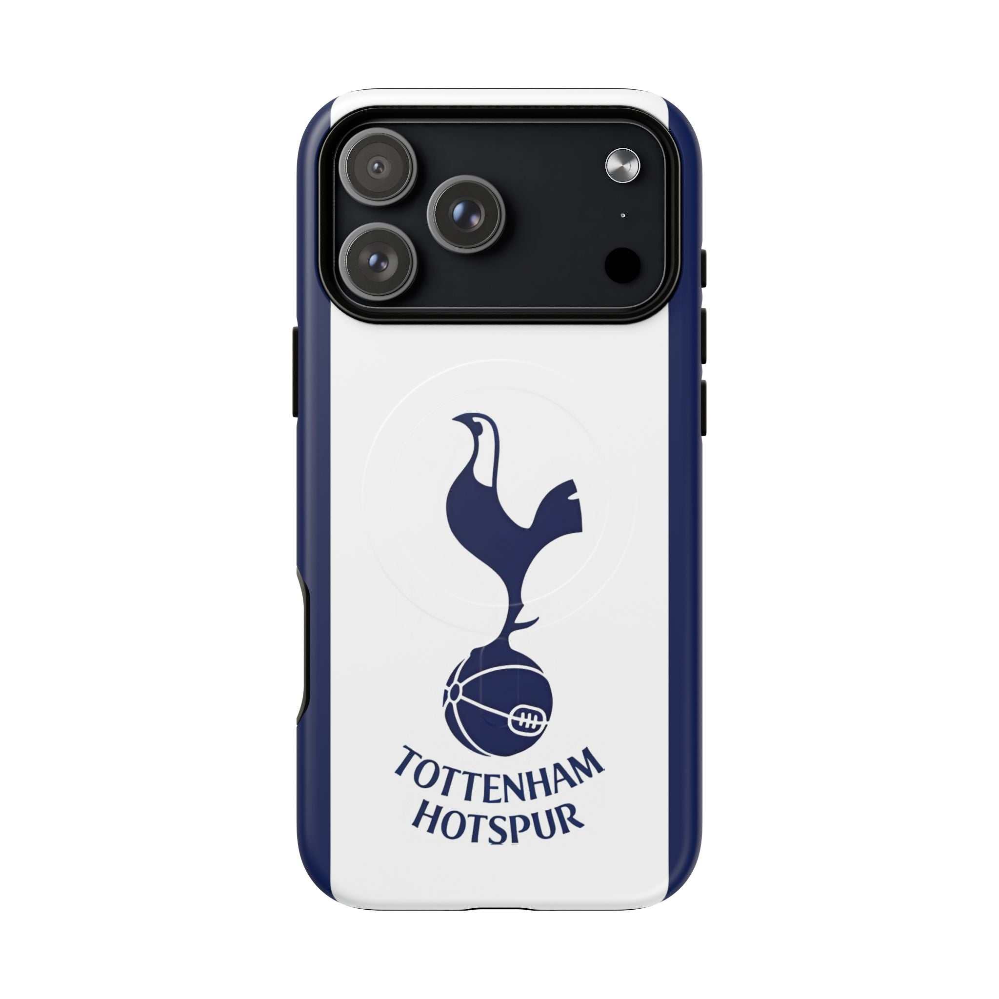 Tottenham FC MagSafe iPhone case with navy and white colors, dual-layer protection, and wireless charging compatibility.