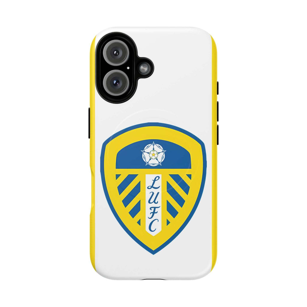 Leeds Utd MagSafe iPhone Case with club crest, dual-layer protection, and MagSafe compatibility