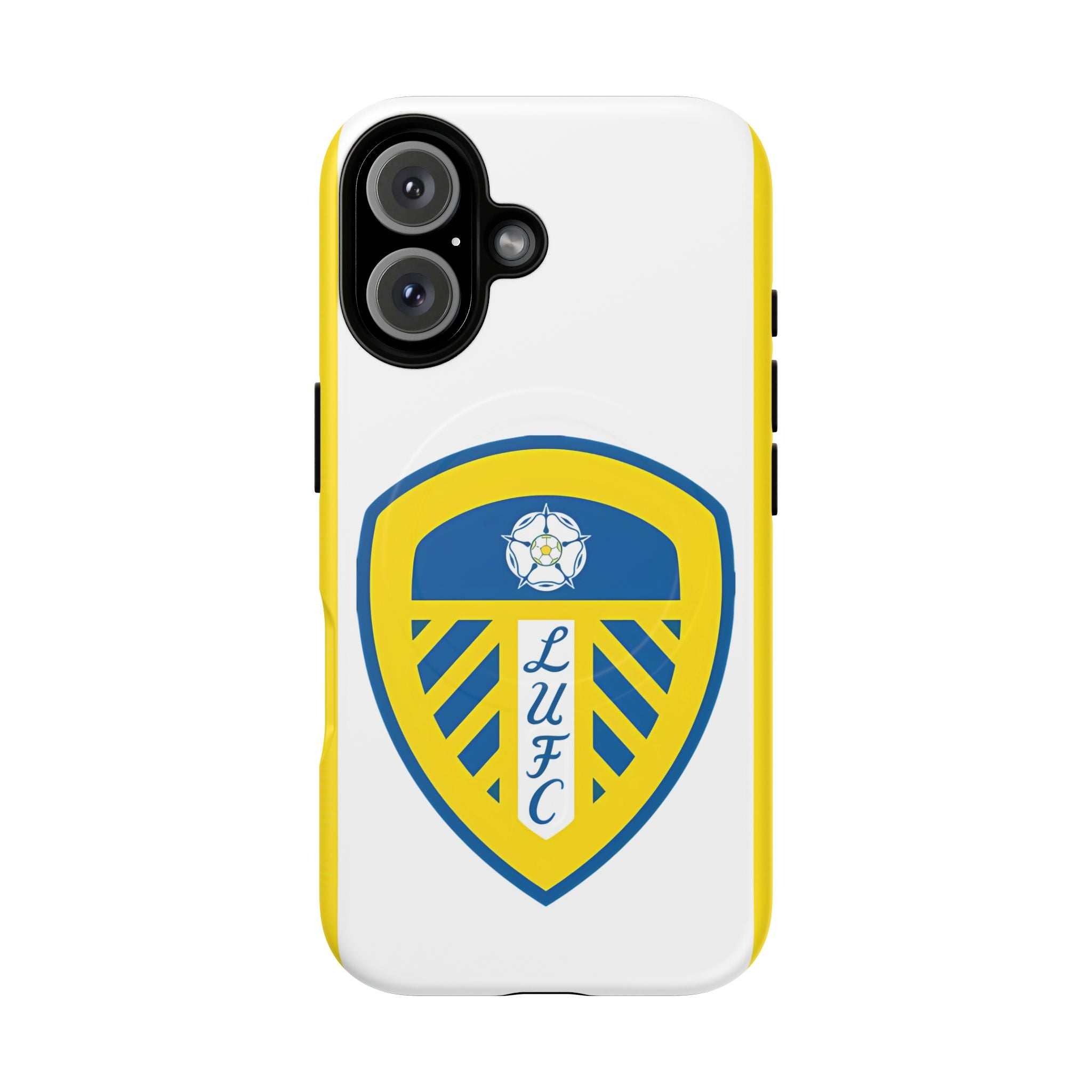 Leeds Utd MagSafe iPhone Case with club crest, dual-layer protection, and MagSafe compatibility