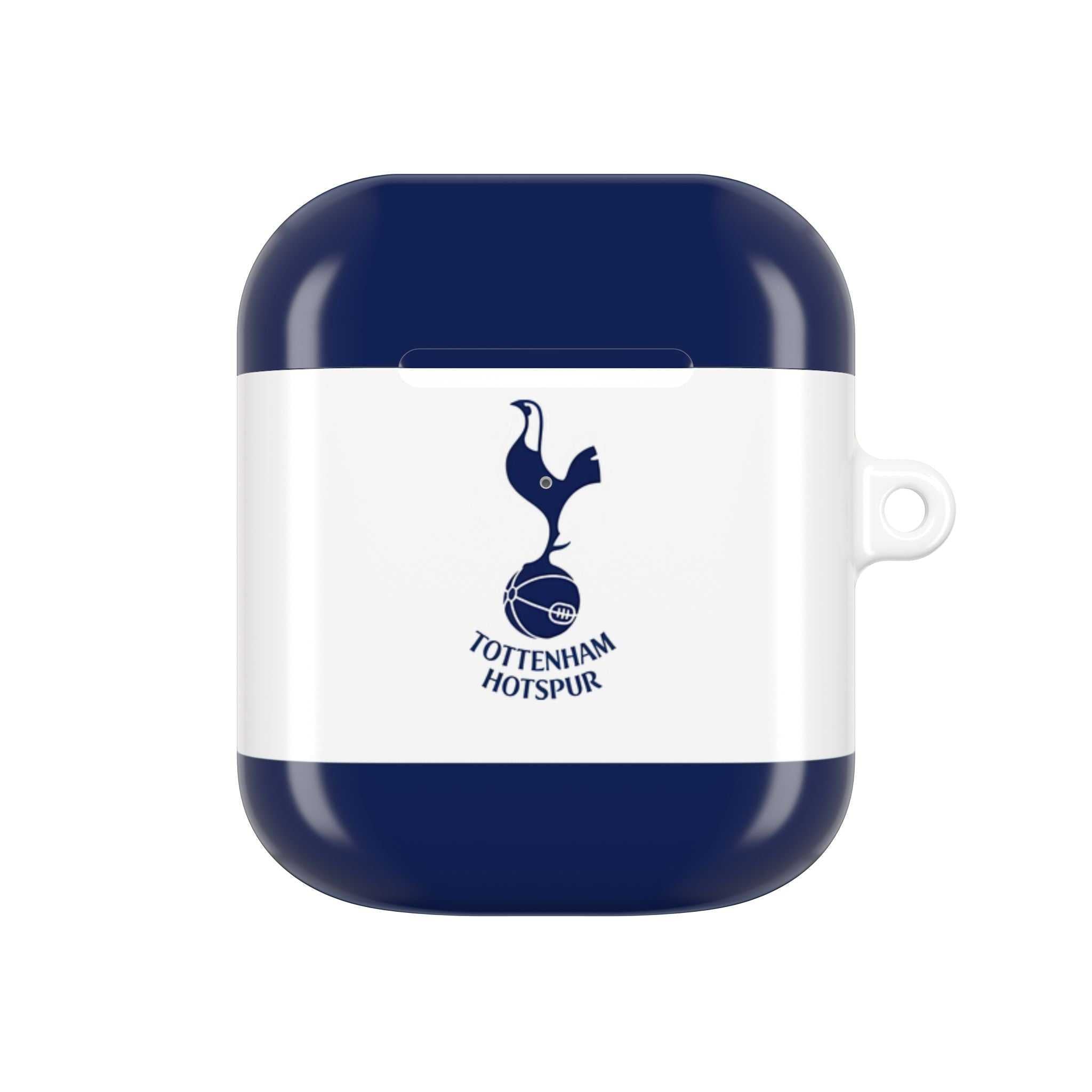 Tottenham FC AirPods protective case in navy and white with cockerel crest, shock-resistant and wireless charging compatible