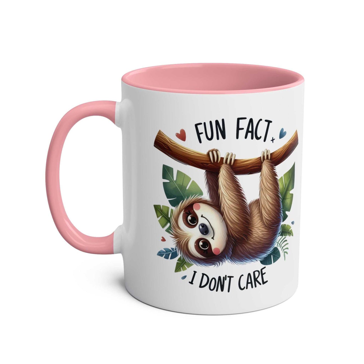 Cute sloth coffee mug with pink handle and "Fun Fact: I Don't Care" design.