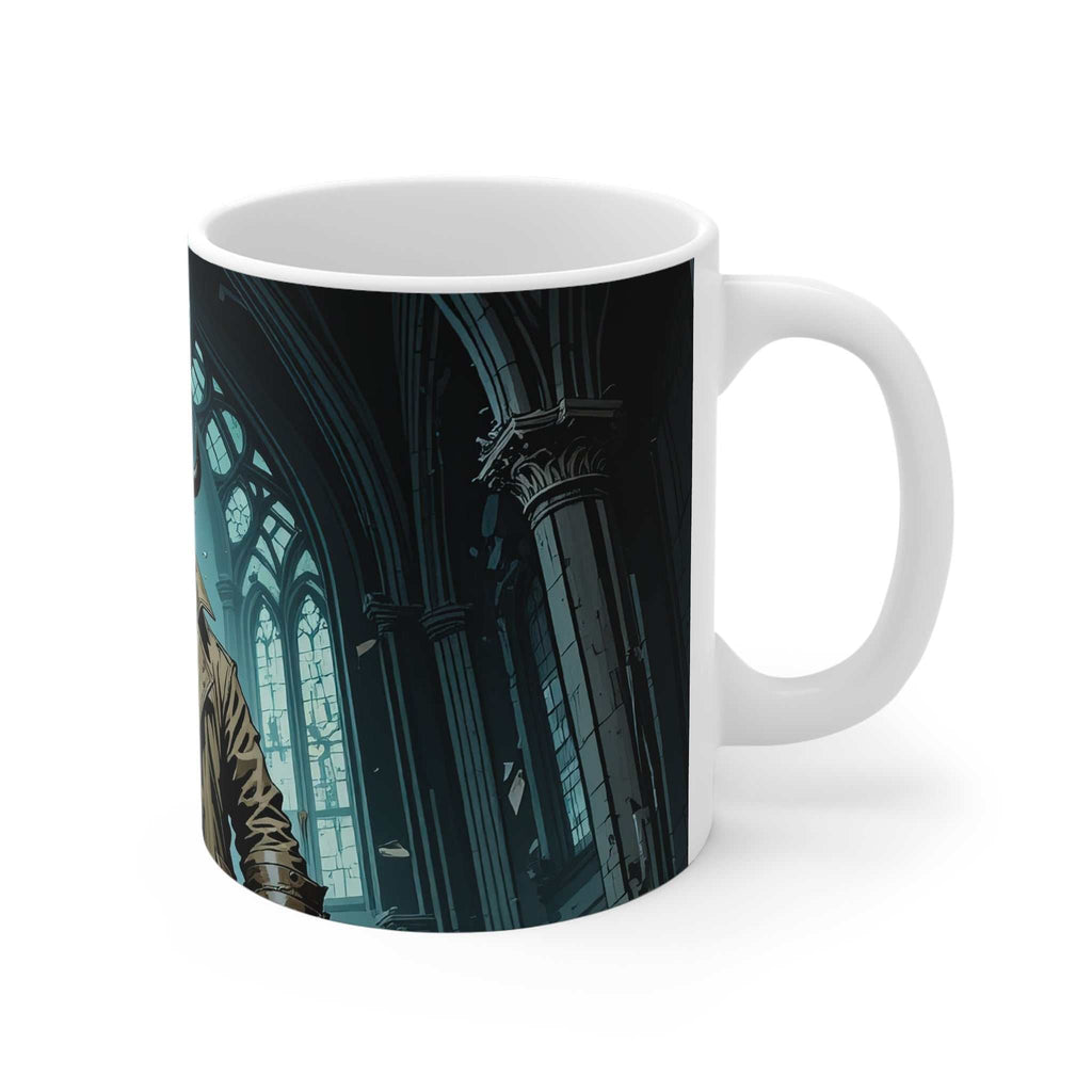 Ceramic Hellboy Fantasy Mug with supernatural gothic design, glossy finish, microwave and dishwasher safe.