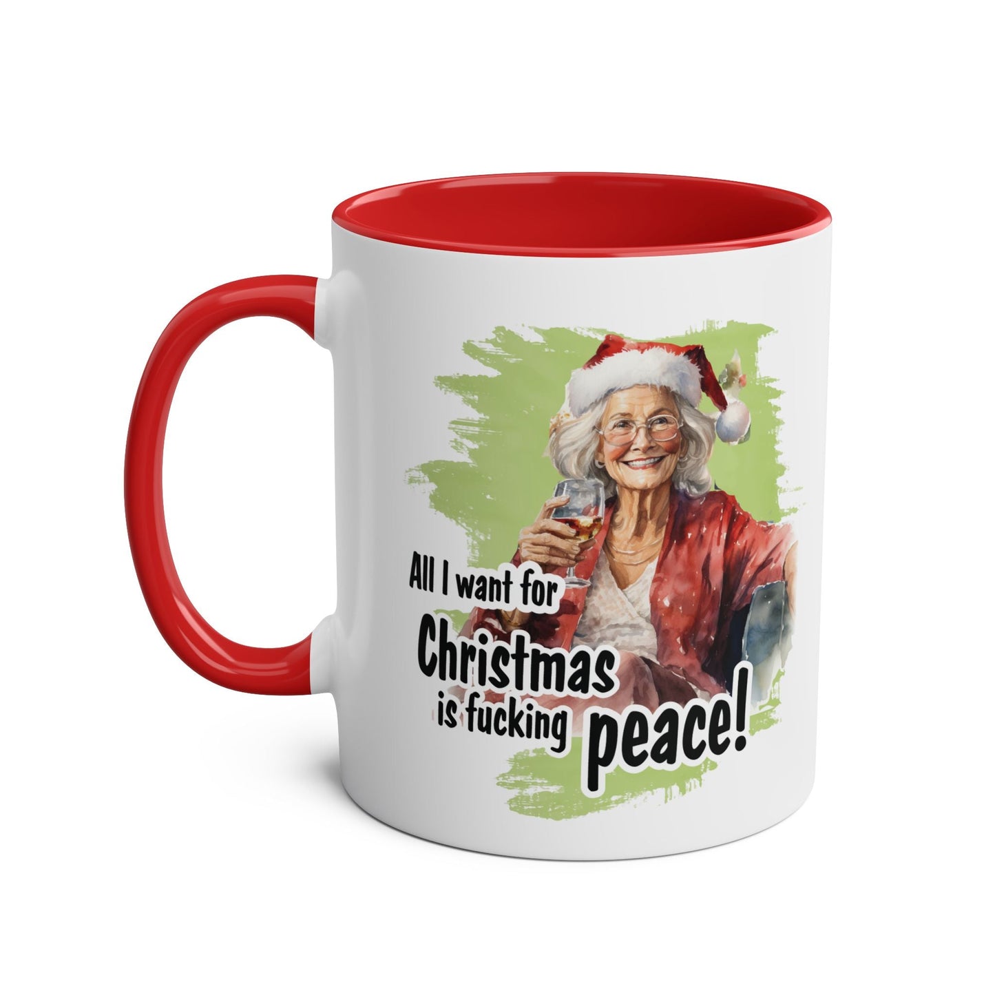 Festive sweary granny Christmas mug with playful design, red handle, and Santa-themed illustration.