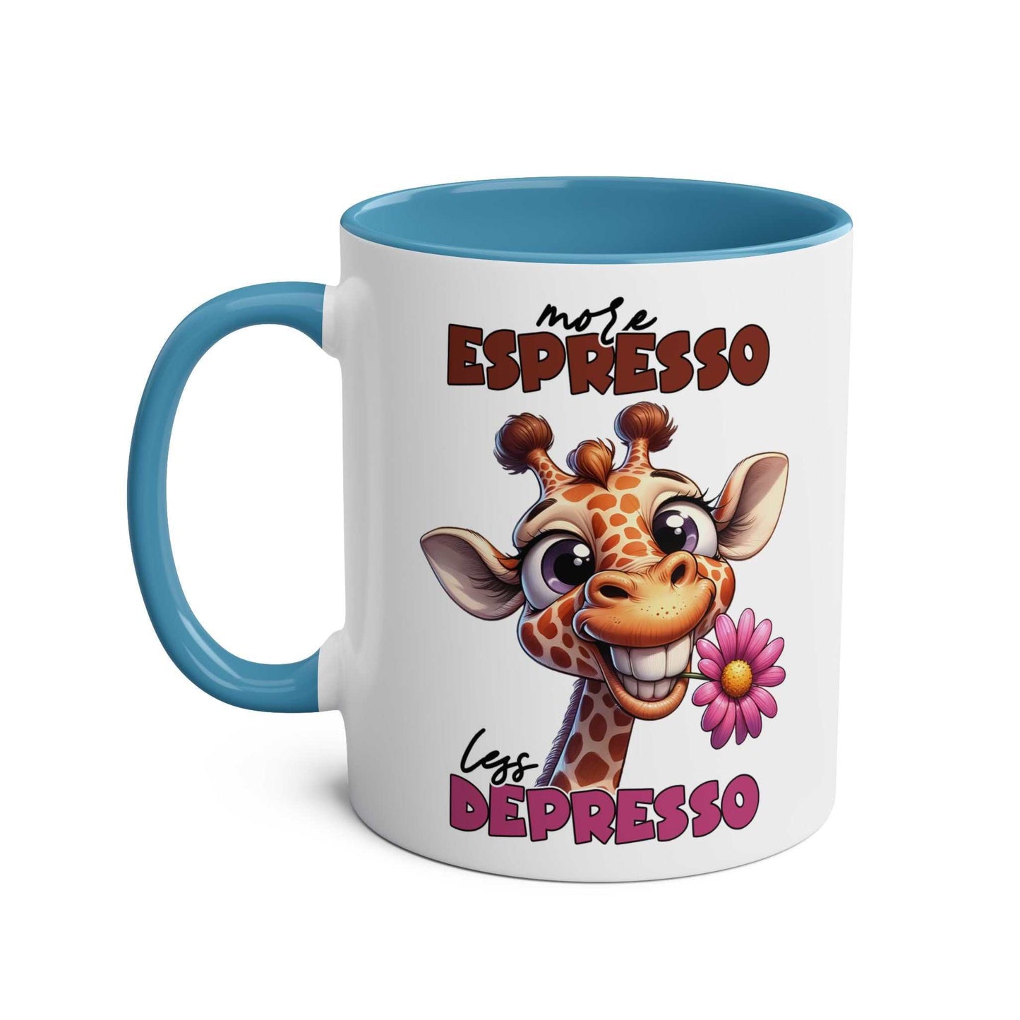 More Expresso Coffee Mug with giraffe design and blue interior, 11oz ceramic, microwave and dishwasher safe.