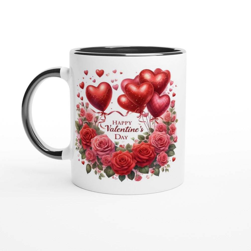 Beautiful Valentines Day Mug with heart and rose design, glossy white finish, and black handle.