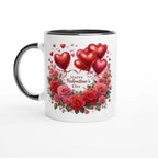 Beautiful Valentines Day Mug with heart and rose design, glossy white finish, and black handle.