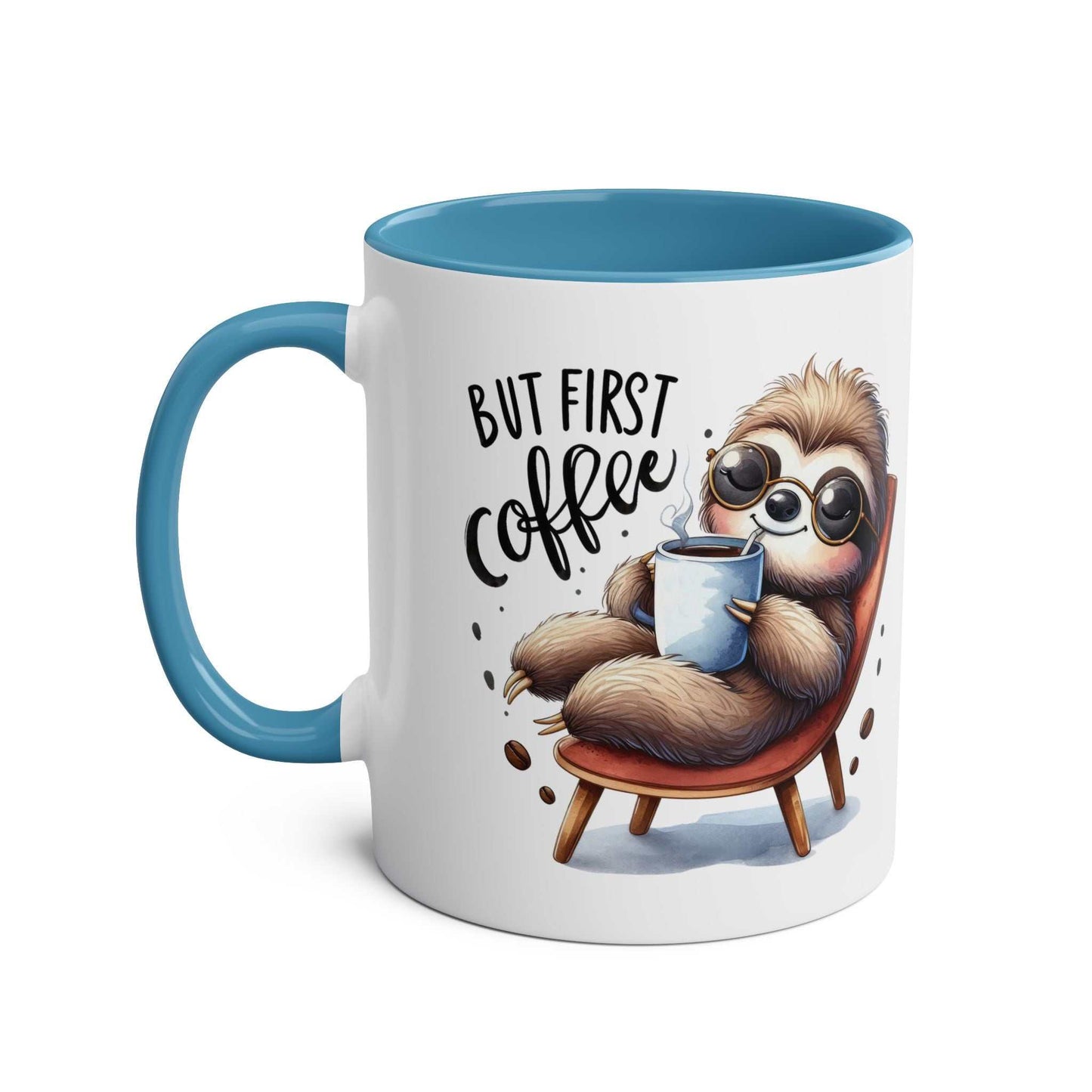 Cute sloth coffee mug with "But First Coffee" text, blue handle.