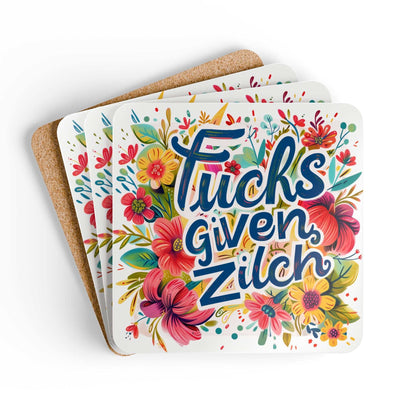 Colorful cheeky quote coaster set with floral design, "Fucks Given Zilch".