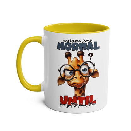 Playful giraffe design on Everyones Normal Coffee Mug with yellow interior.