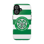 Celtic MagSafe iPhone Case with green and white stripes and football club crest, dual-layer shock-absorbing protection, and MagSafe compatibility
