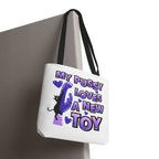 Cheeky fun cat toy tote bag with colorful handles and durable polyester fabric