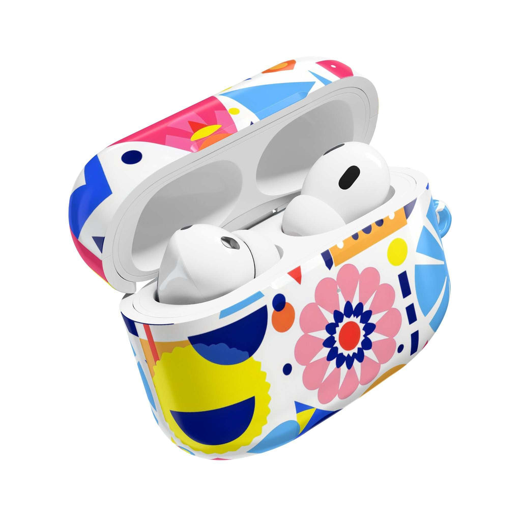 Bright geometric print protective hard shell case for AirPods and AirPods Pro with vibrant colors and glossy finish