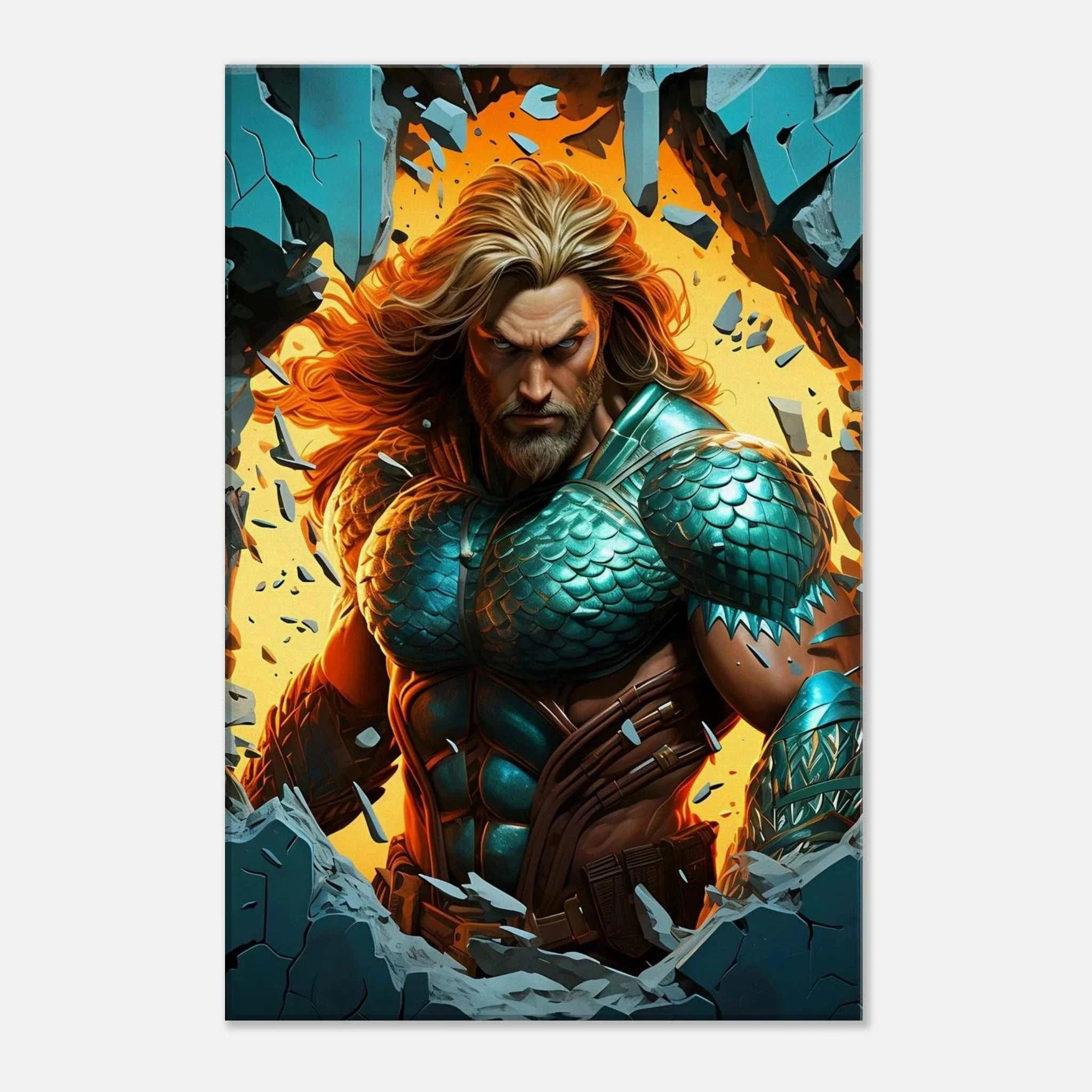 Aquaman wall canvas featuring vibrant, dynamic artwork of the ocean hero; available in various sizes and profiles.