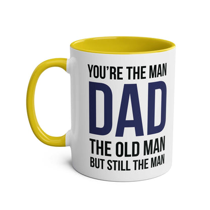 Fun Fathers Day Gift Mug with humorous dad design, yellow interior, perfect present for dads.