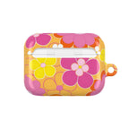 Retro floral protective hard shell case for AirPods and AirPods Pro with vibrant pink, yellow, and orange flower design