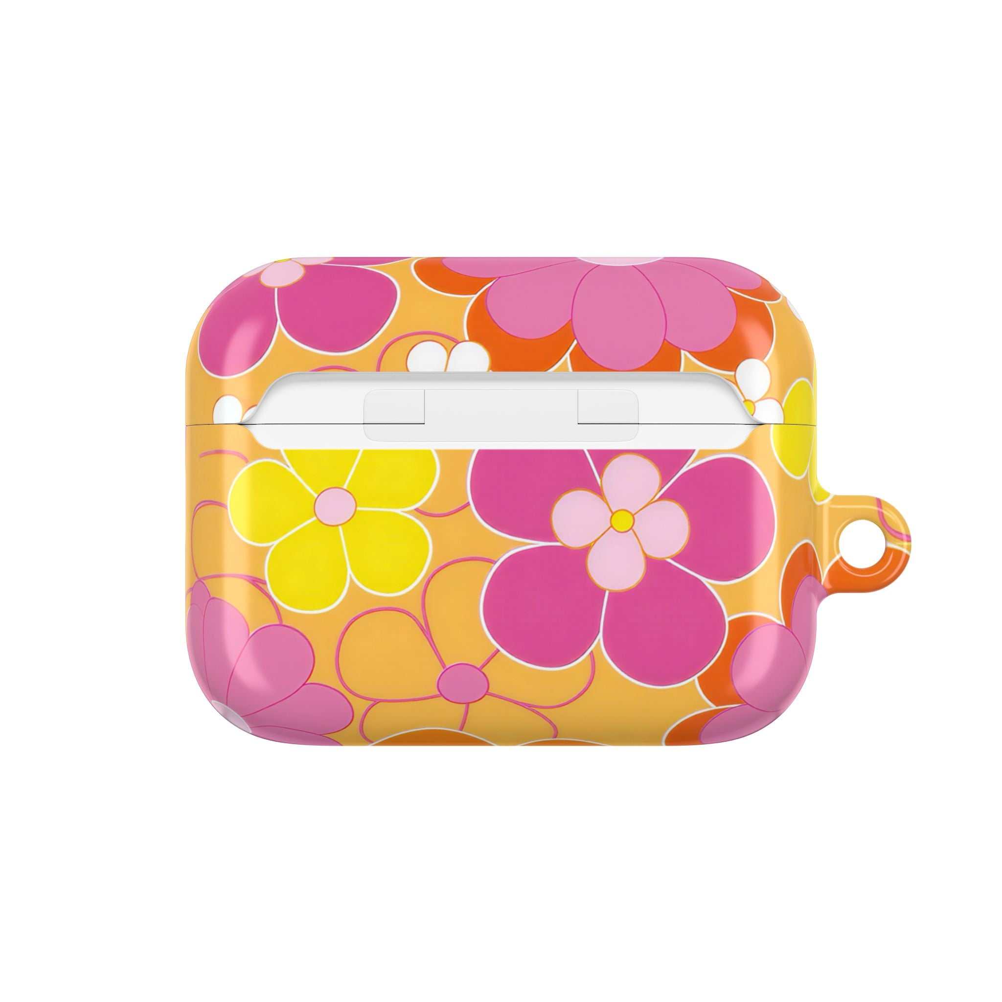 Retro floral protective hard shell case for AirPods and AirPods Pro with vibrant pink, yellow, and orange flower design