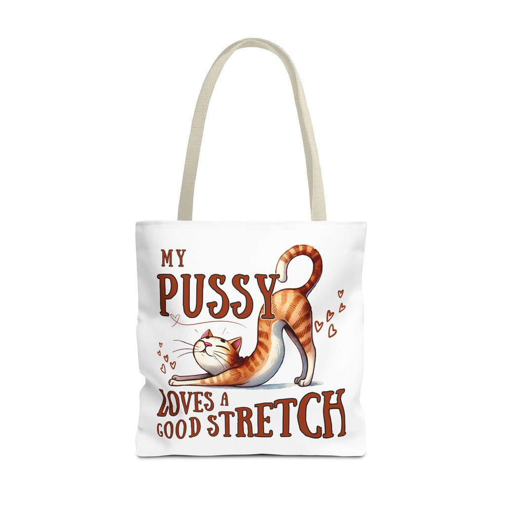 Fun Stretching Cat Tote Bag with cheeky cat design, durable polyester, and multiple handle color options.