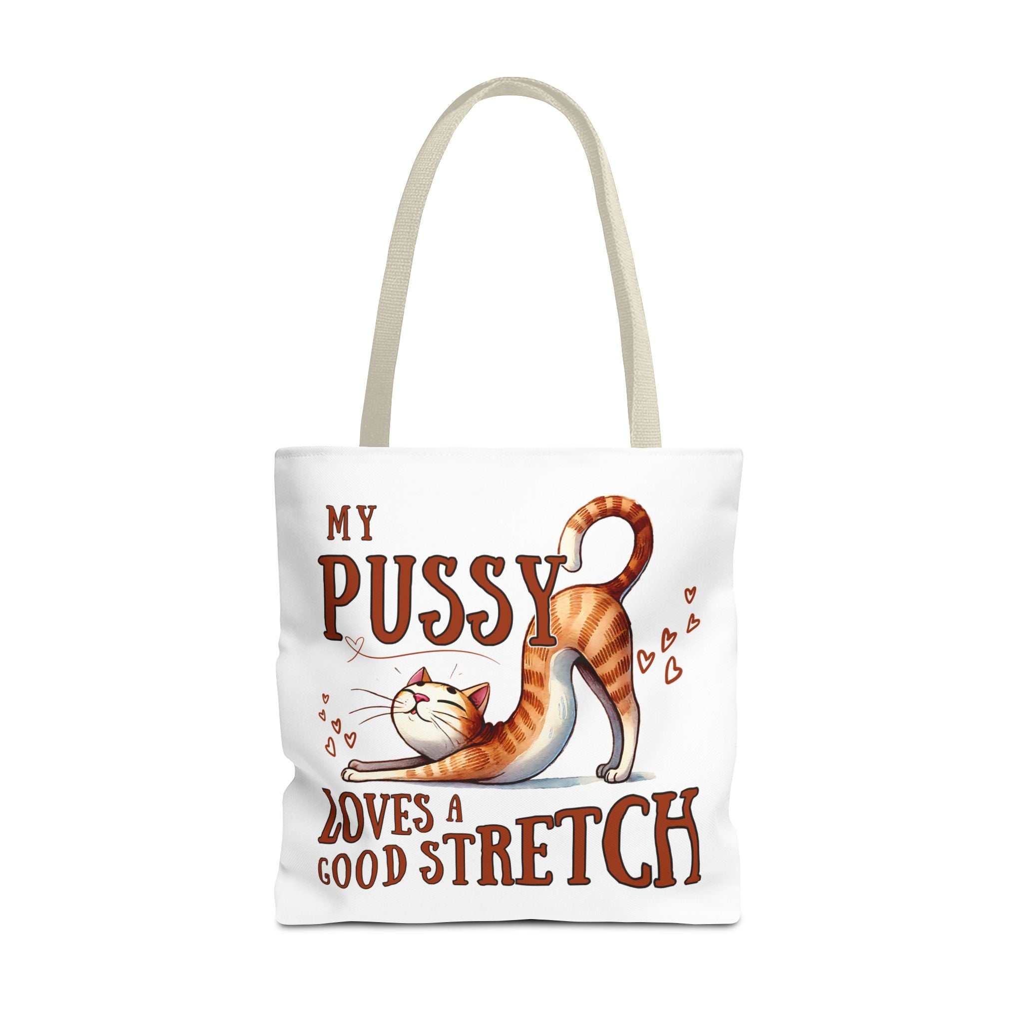 Fun Stretching Cat Tote Bag with cheeky cat design, durable polyester, and multiple handle color options.