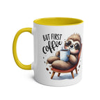 Cute sloth coffee mug with vibrant yellow handle and "But First Coffee" design, 11oz ceramic, glossy finish.