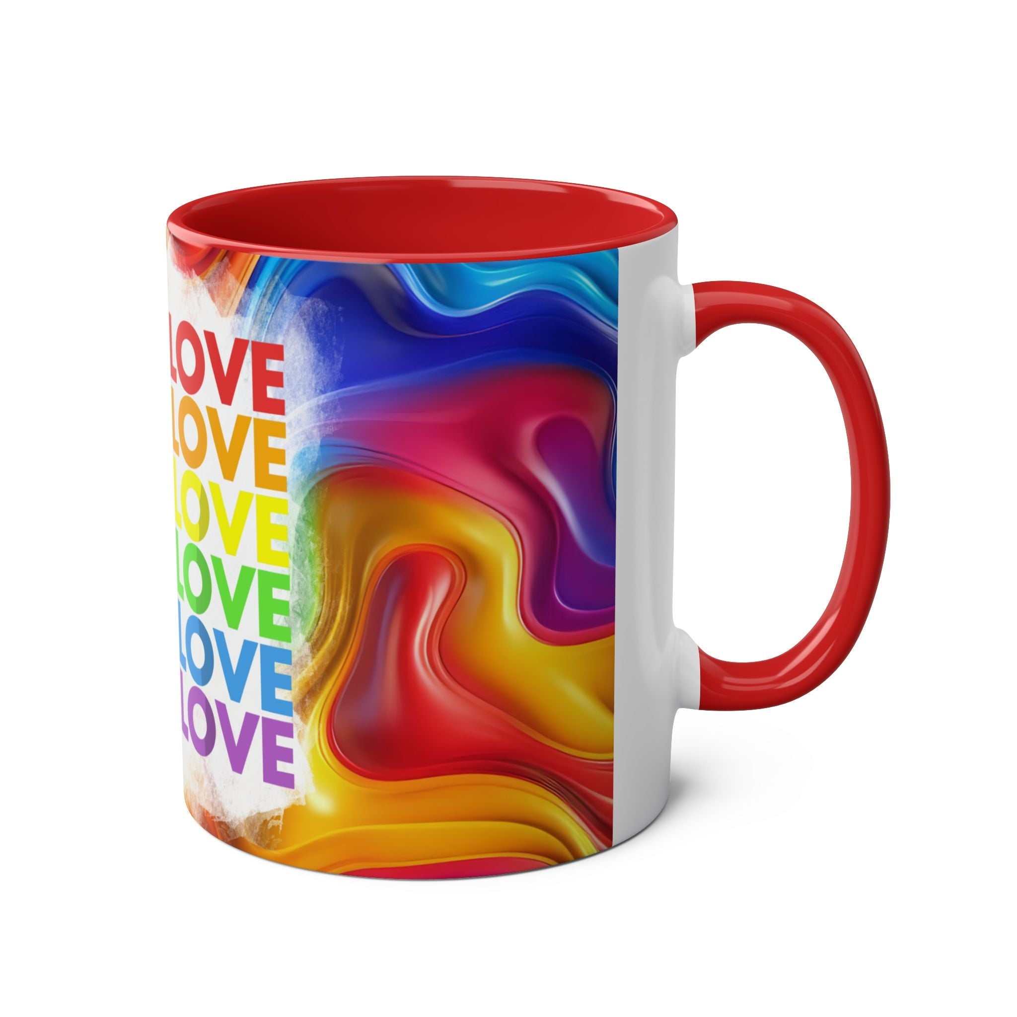 LGBTQ+ Pride mug with vibrant rainbow design and red interior.