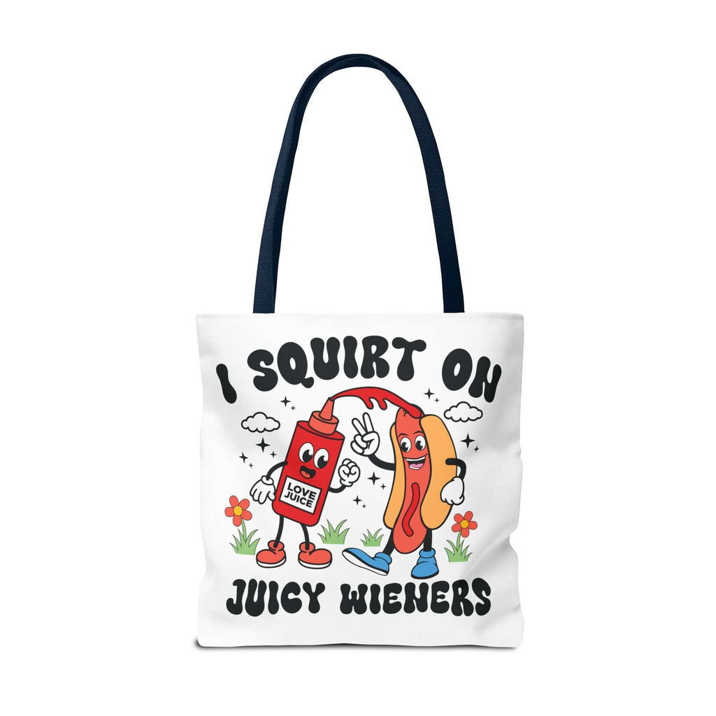 Cheeky Juicy Wieners Fun Tote Bag with hot dog print and durable polyester fabric.