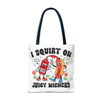 Cheeky Juicy Wieners Fun Tote Bag with hot dog print and durable polyester fabric.