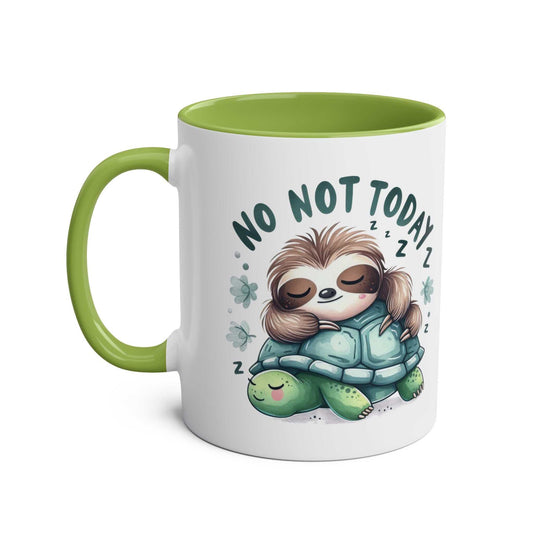 Cute sloth coffee mug with green handle and interior, featuring a whimsical sloth design and "No Not Today" text.