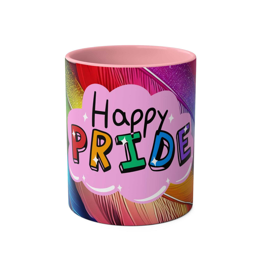 LGBTQ+ Pride mug with rainbow design and "Happy Pride" message.