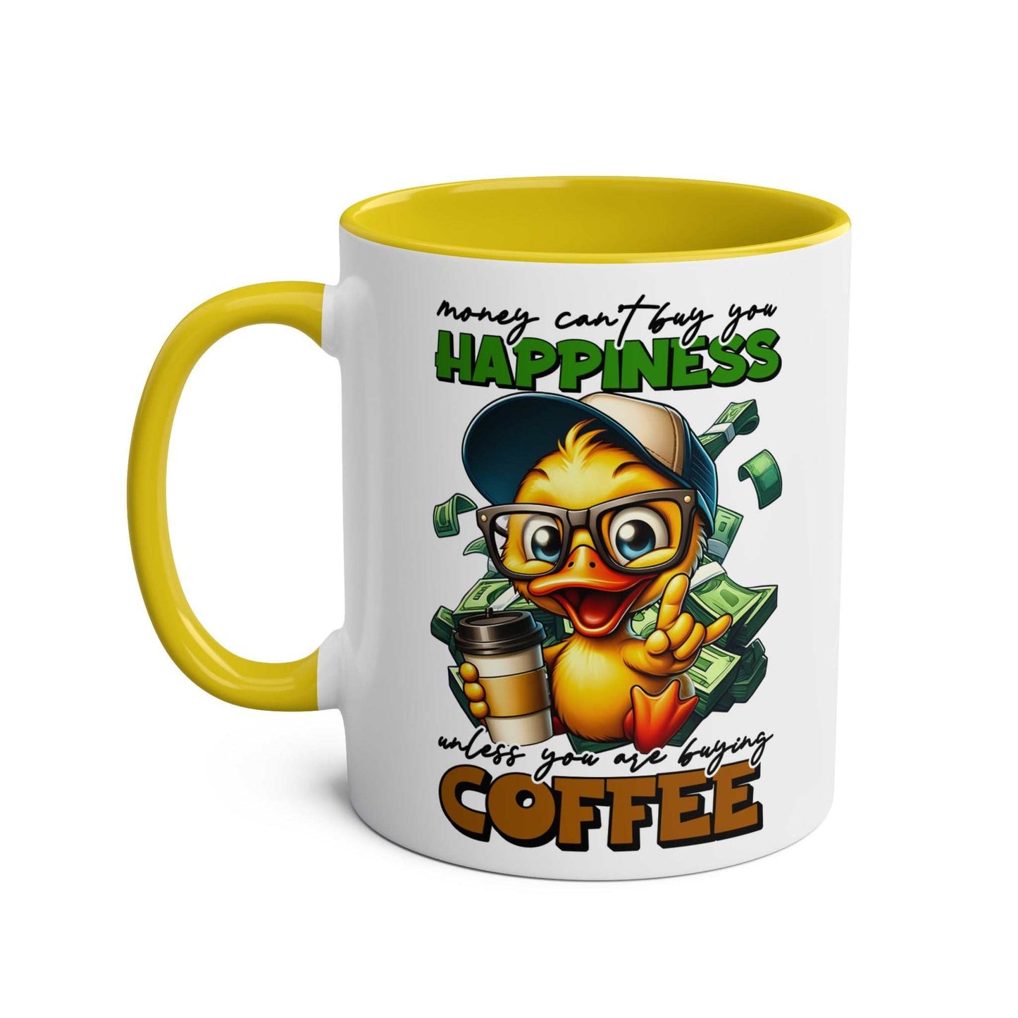 Cheerful duck illustration on Happiness Coffee Mug with yellow handle and interior.