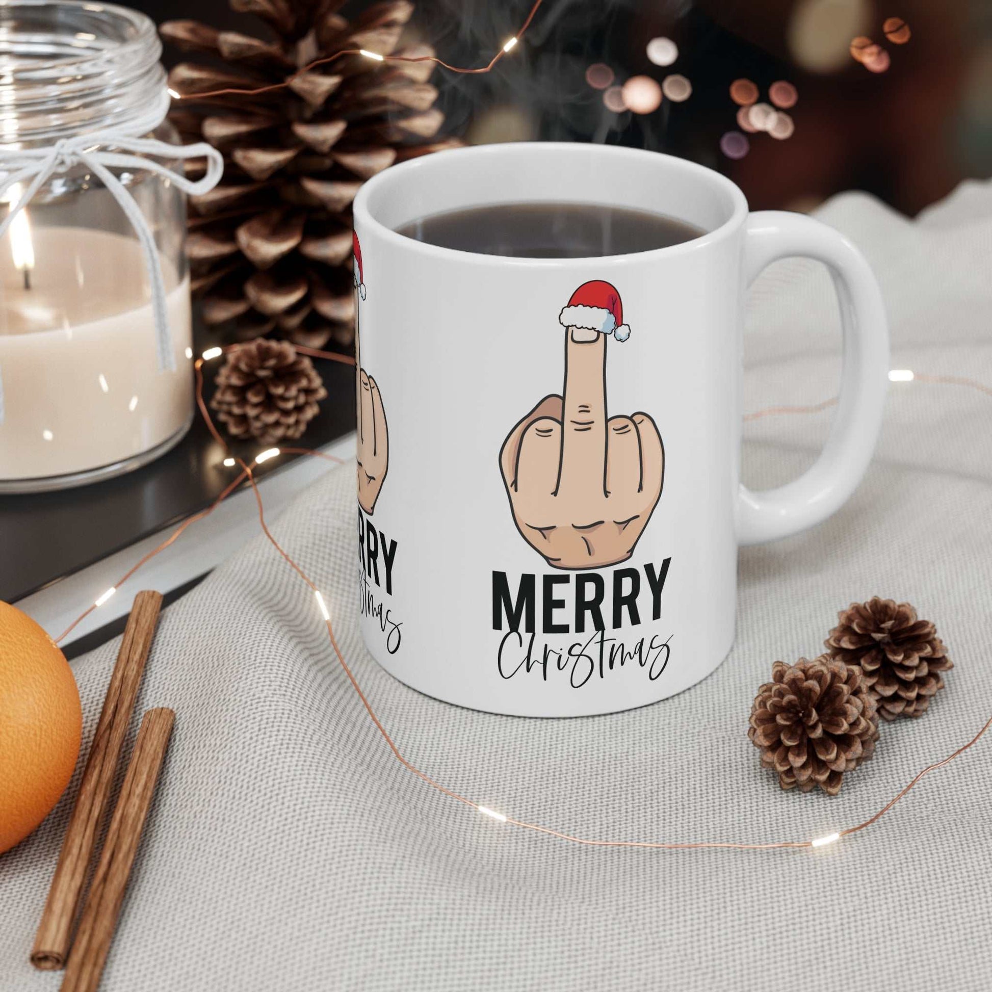 Rude Christmas mug with cheeky festive design on a table setting.