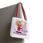 Cheeky menopause humour tote bag with durable spun polyester and colorful handles for everyday use