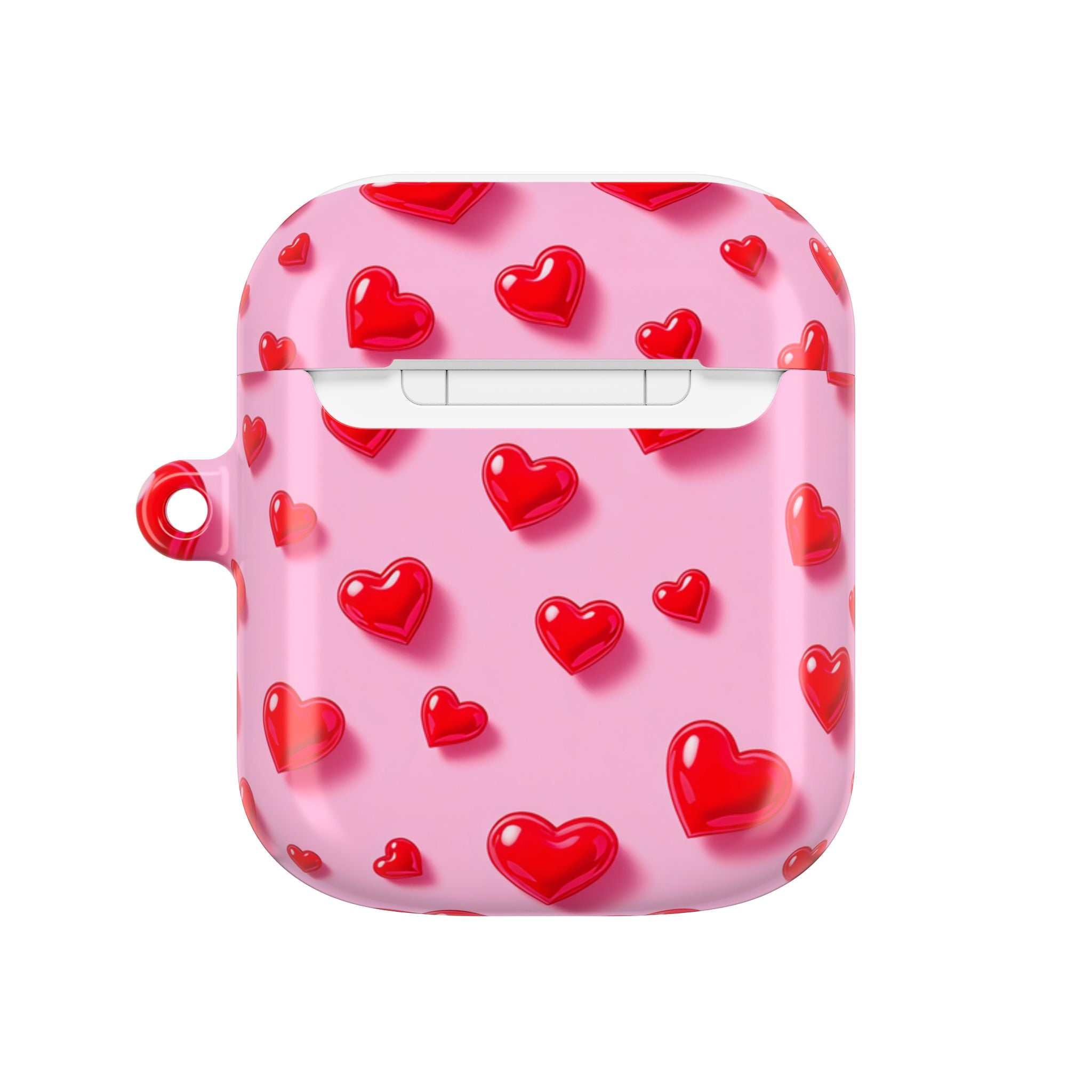 Pink Hearts AirPods protective hard shell case with vibrant red hearts on pink background