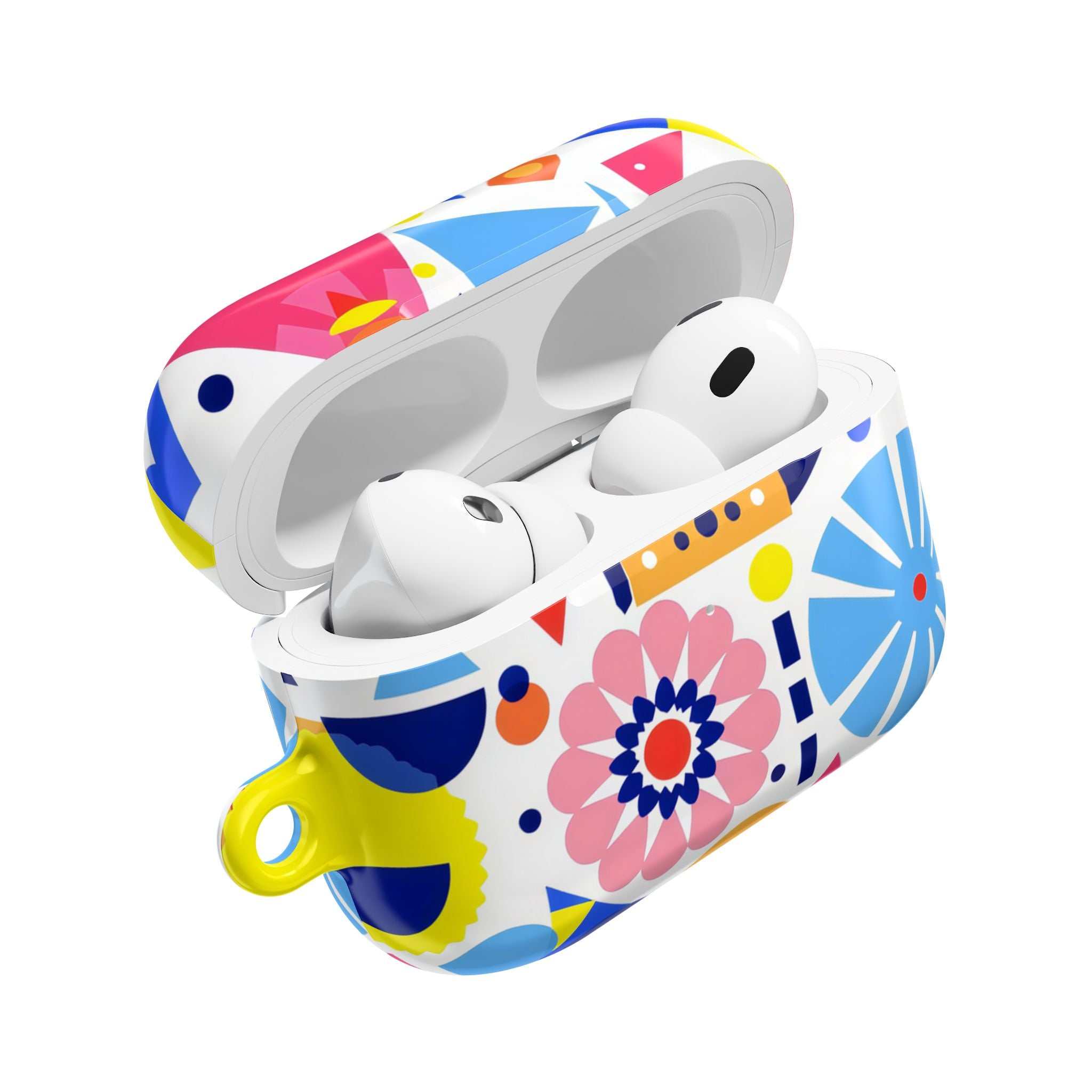 Bright geometric print protective hard shell case for AirPods and AirPods Pro with vibrant colors and glossy finish