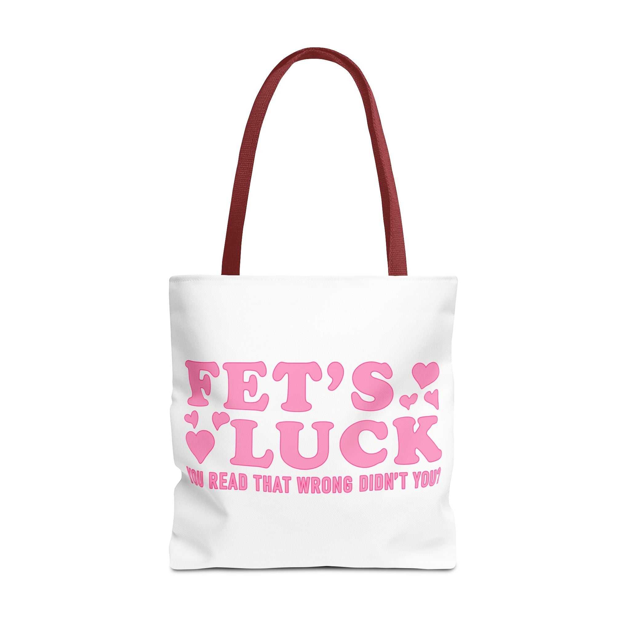 Pink heart tote bag with cheeky fun design and multiple handle colors for everyday use