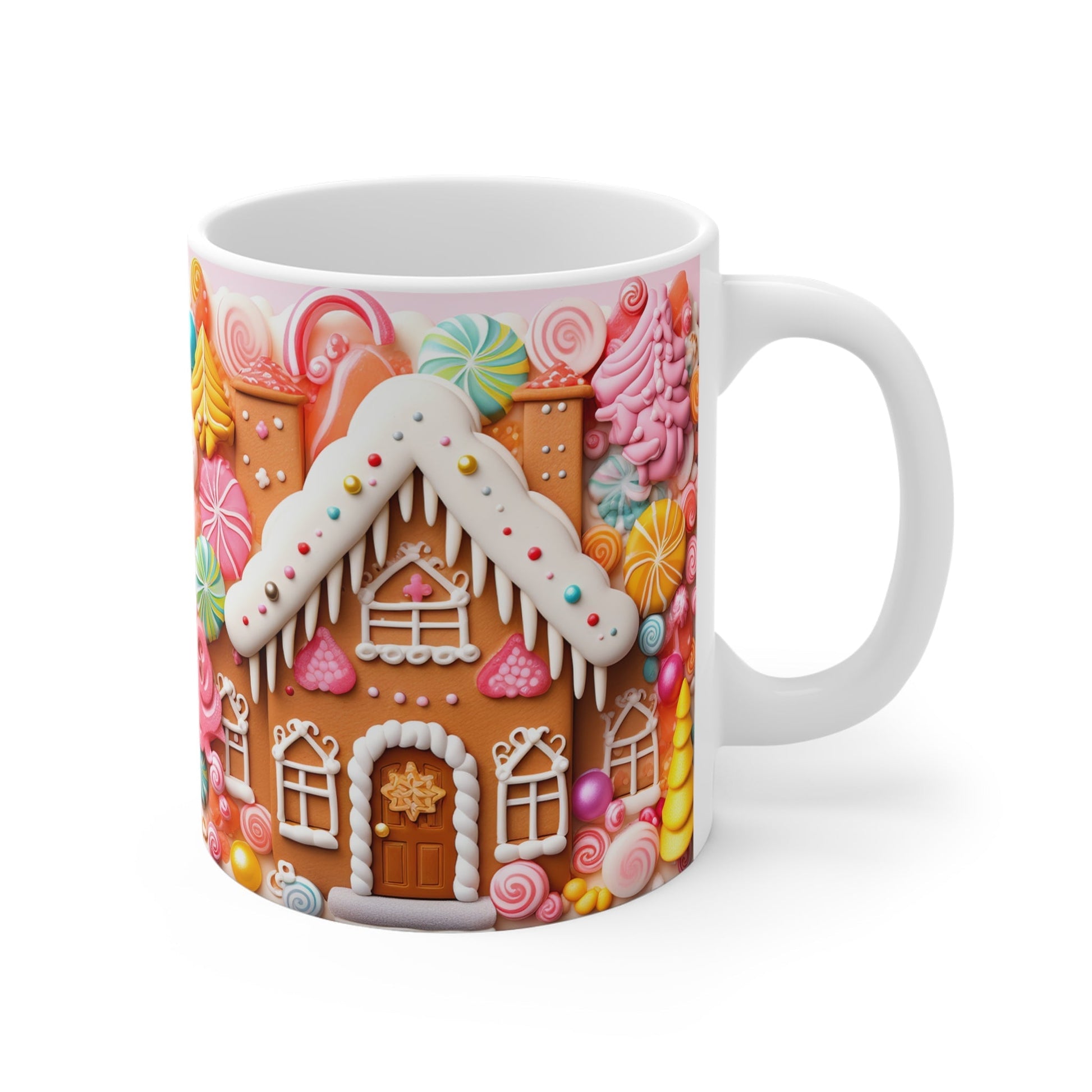 Gingerbread House Christmas Mug with festive design, 11oz ceramic, sublimation print.