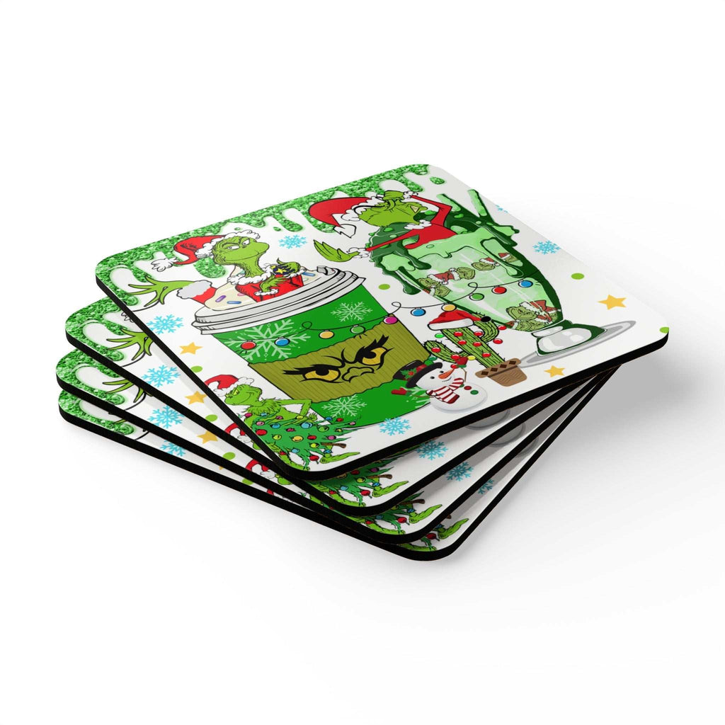 Grinch Fun Christmas Coaster Set with festive design, 4-piece, non-slip cork back.