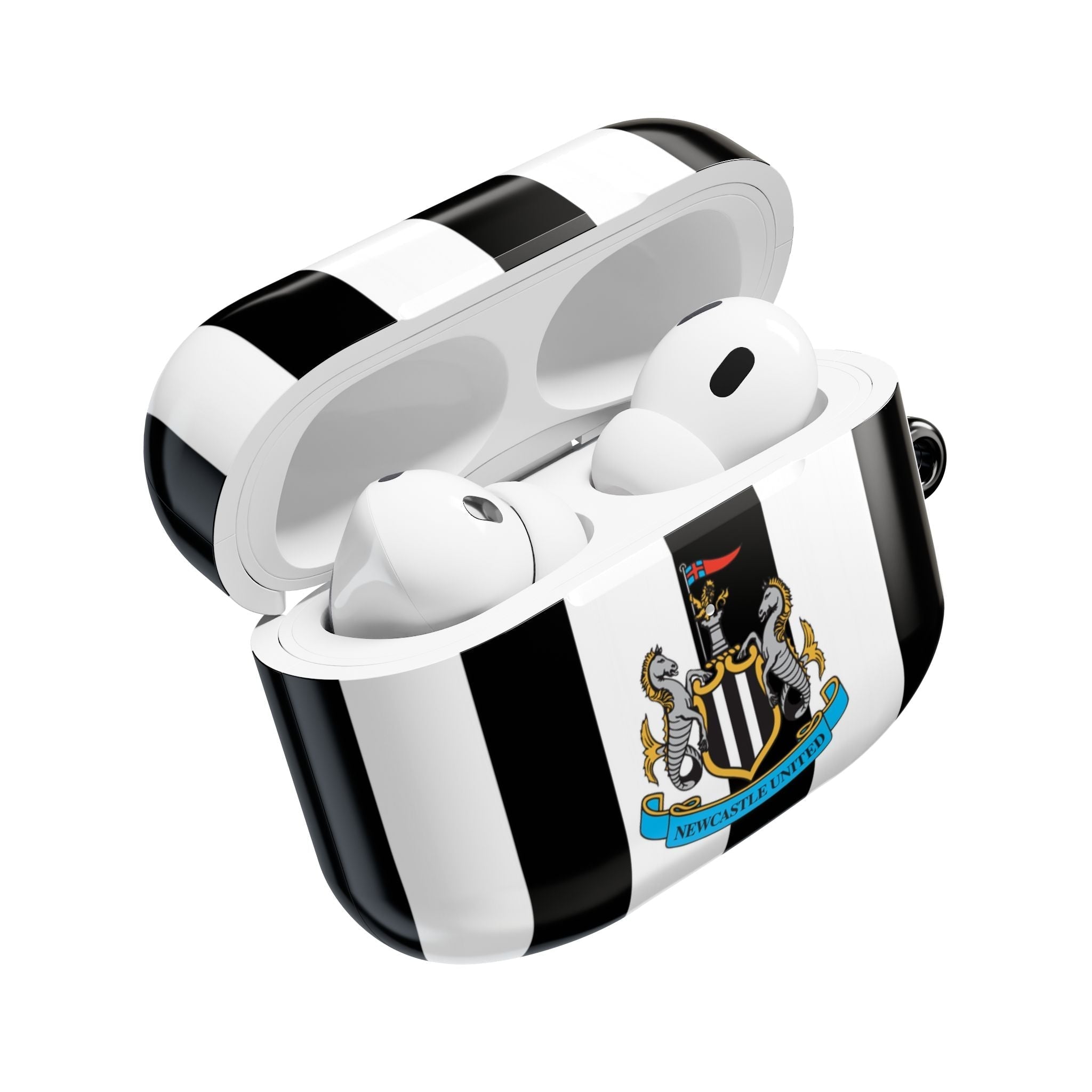 Newcastle Utd FC black and white striped AirPods case with club crest and glossy finish