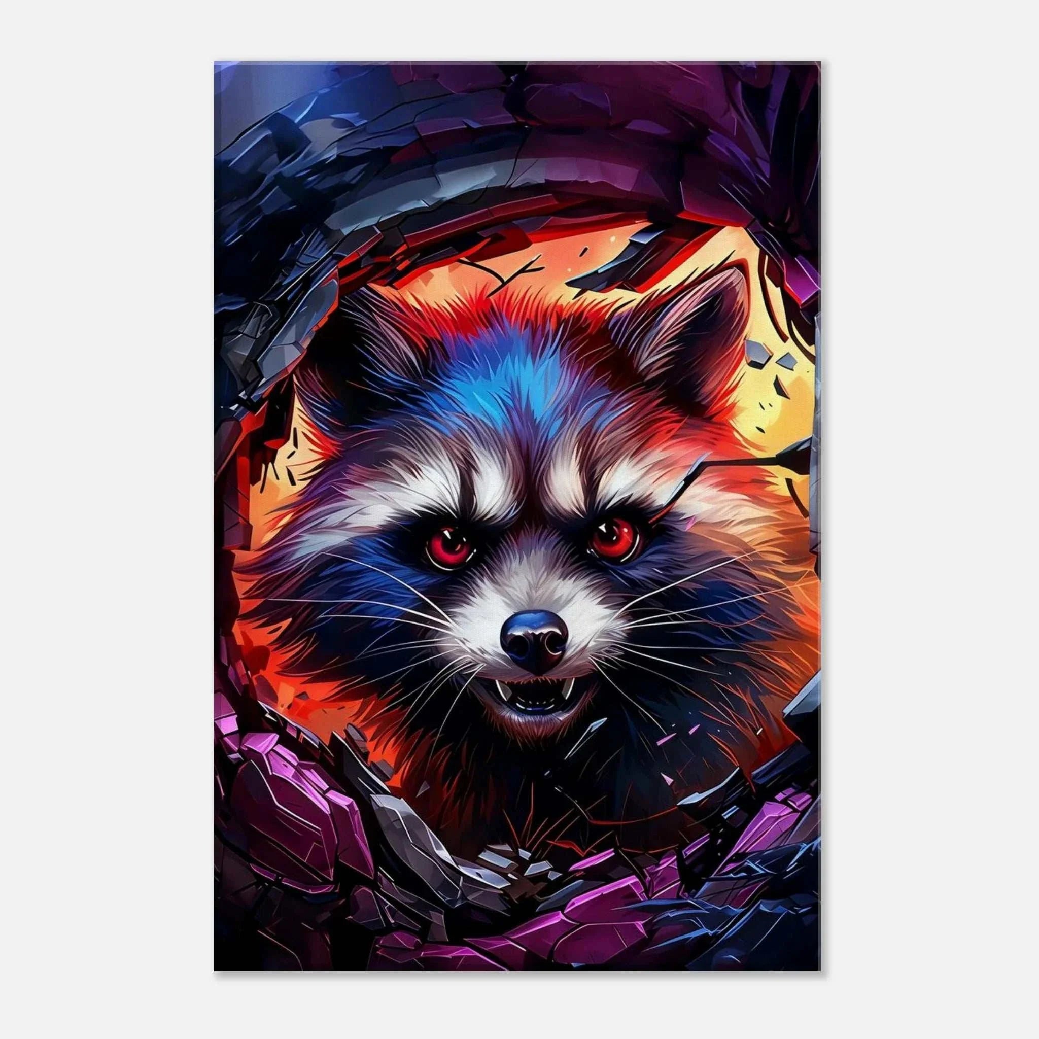 Rocket Raccoon wall canvas with vibrant dynamic artwork, showcasing the cosmic hero’s mischievous charm.