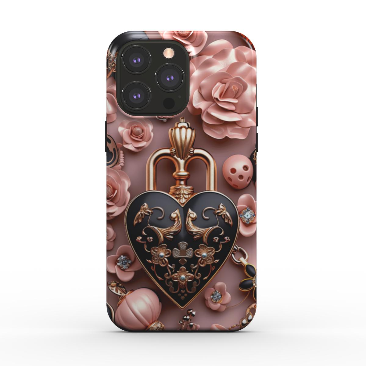 MagSafe tough phone case with dual-layer protection and floral heart design.