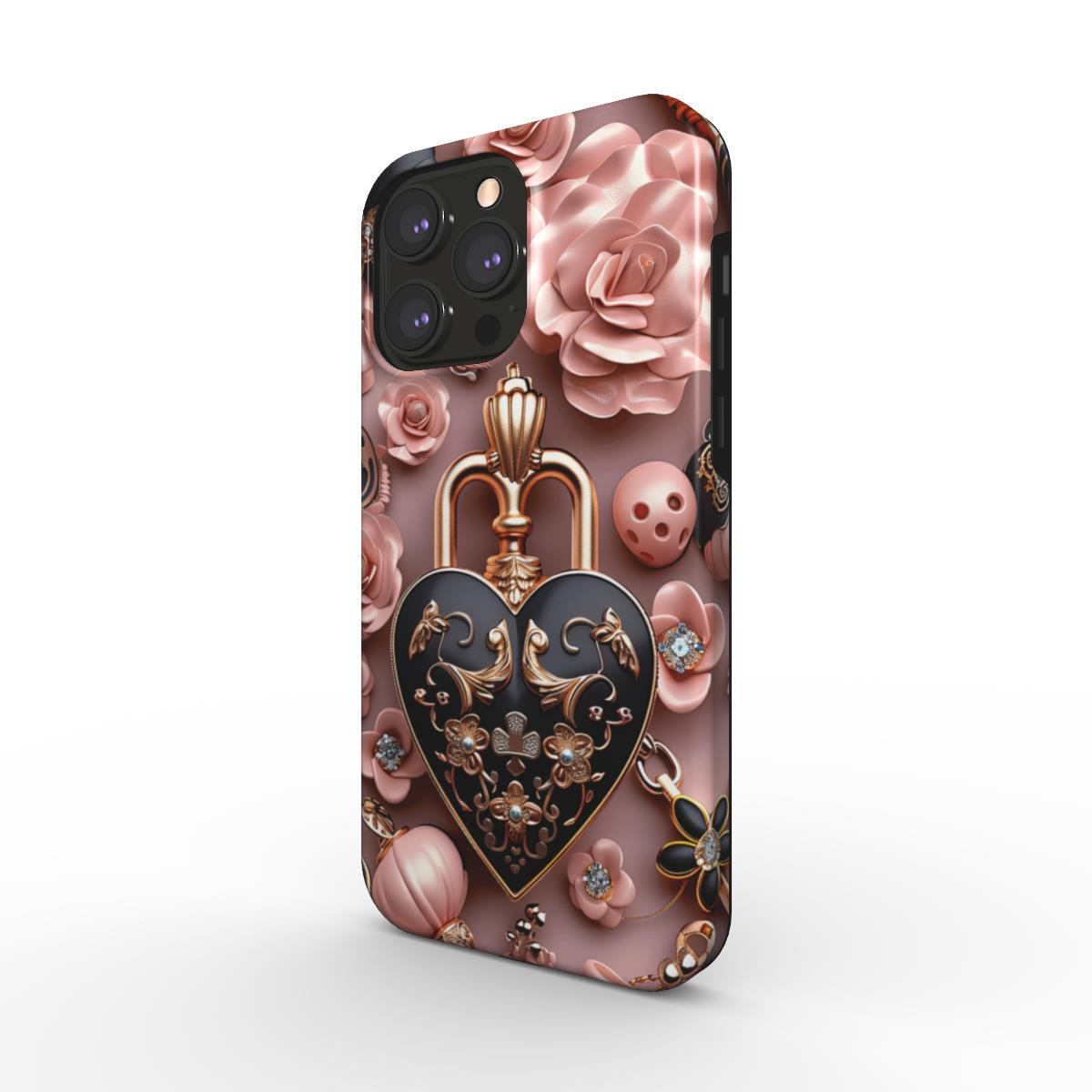 MagSafe Tough Phone Case with floral and heart design, dual-layer protection, and glossy finish.