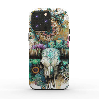 MagSafe Tough iPhone Case with skull and floral design, glossy finish, dual-layer protection.