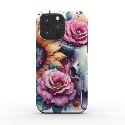 MagSafe Tough iPhone Case with floral and skull design, dual-layer protection, supports wireless charging.