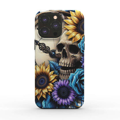 MagSafe Tough iPhone Case with floral skull design, dual-layer protection, supports wireless charging.