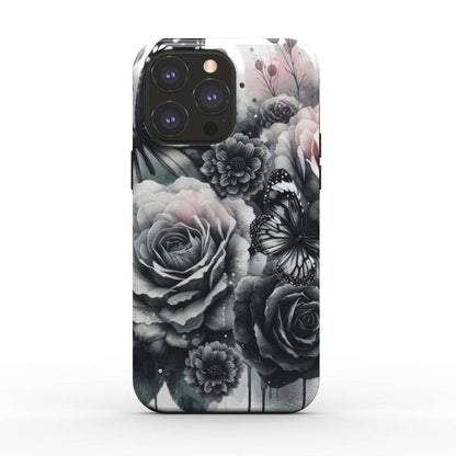 MagSafe Tough iPhone Case with floral and butterfly design, glossy finish, dual-layer protection.