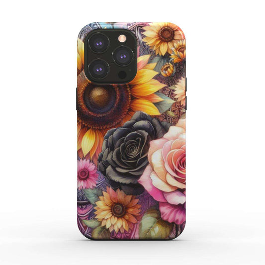 MagSafe Tough iPhone Case with floral design, dual-layer protection, and glossy finish.